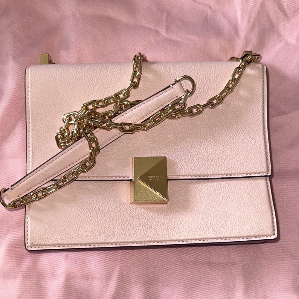 Structured Pink Leather Crossbody with Gold Chain Strap